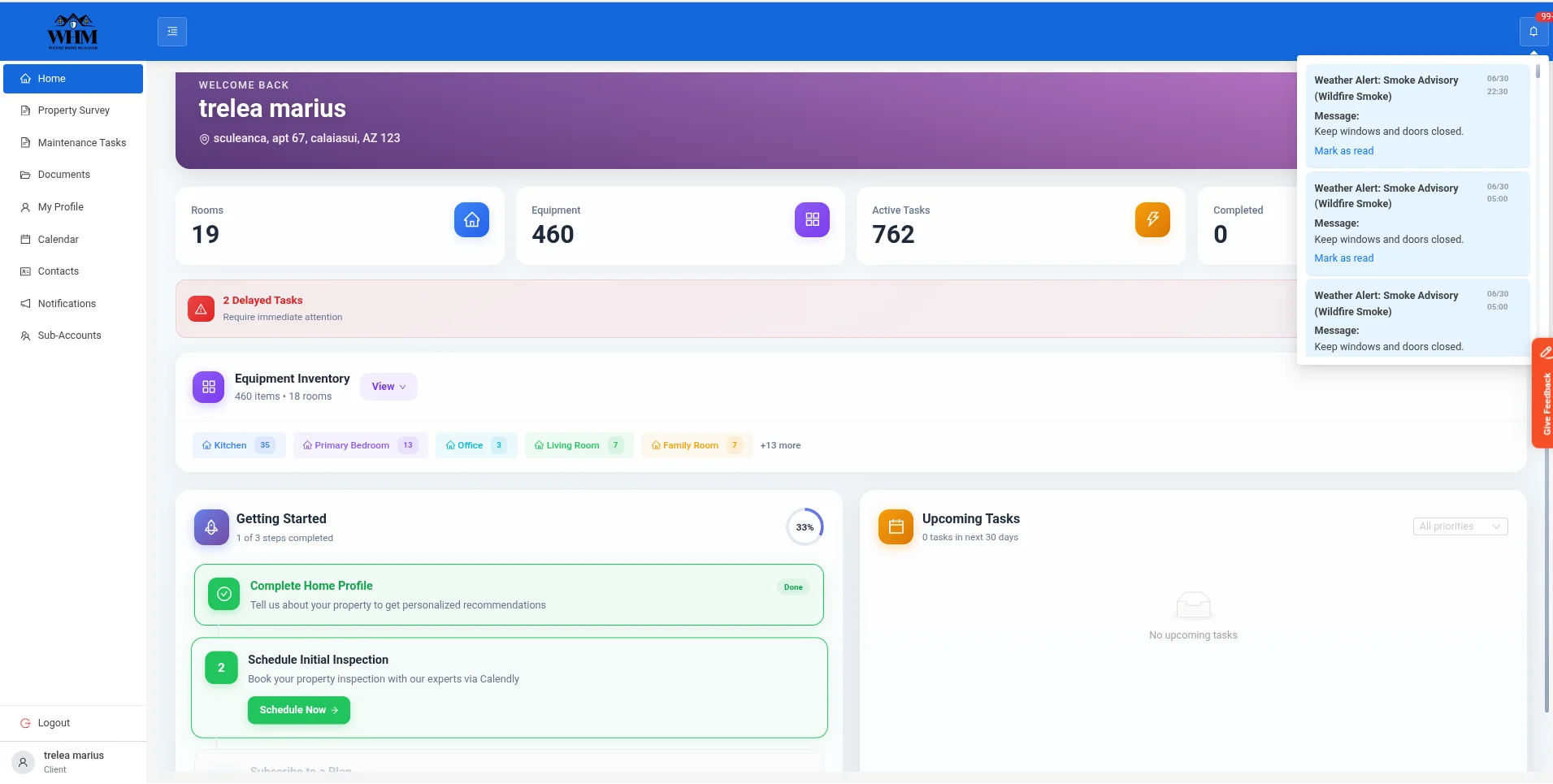 Wynne Home Manager — Client dashboard